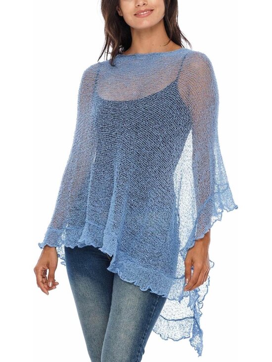 Accessories - Women’s Baby Blue Sheer Knit Poncho Shrug Lightweight Asymmetrical Ruffle Wraps